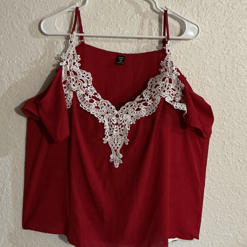SHEIN Red cold shoulder with White Lace Detail